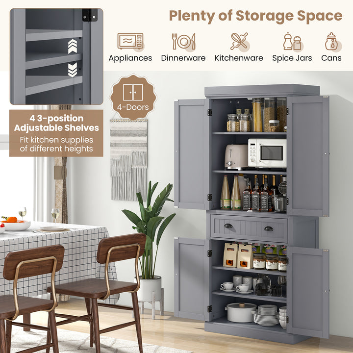 72 Kitchen Pantry Storage Cabinet Tall Freestanding Cupboard w/ 4 Doors Large Drawer Gray Image 5