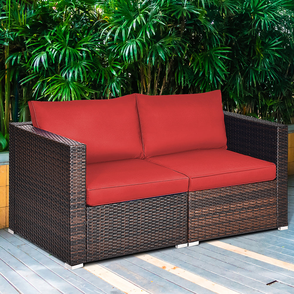 4PCS Rattan Corner Sofa Set Patio Outdoor Furniture Set w/ Red Cushions Image 2