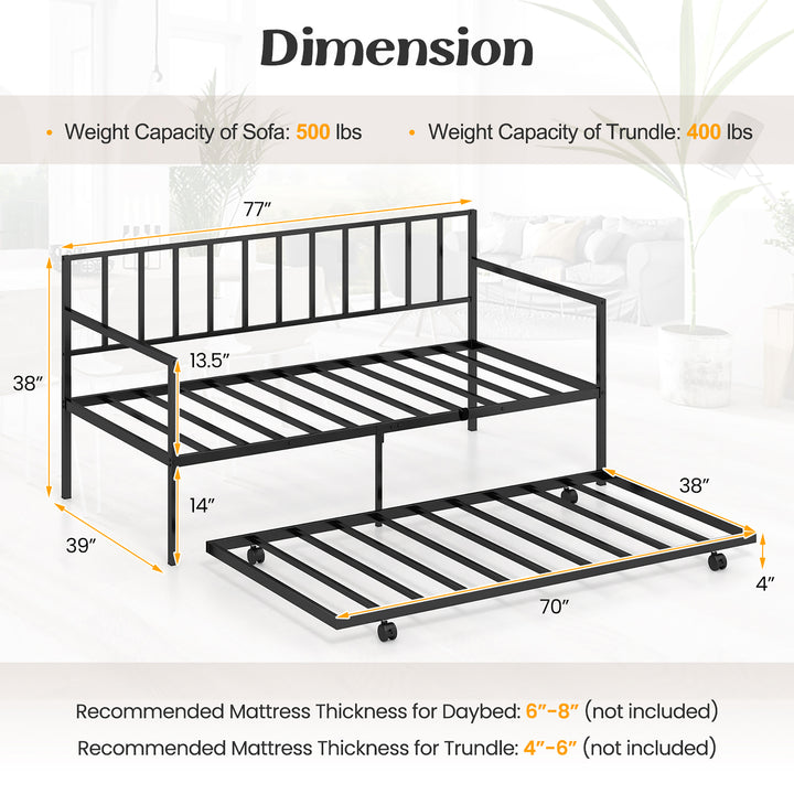 Twin Metal Daybed Sofa Bed with Trundle and Lockable Casters for Living Room Image 3