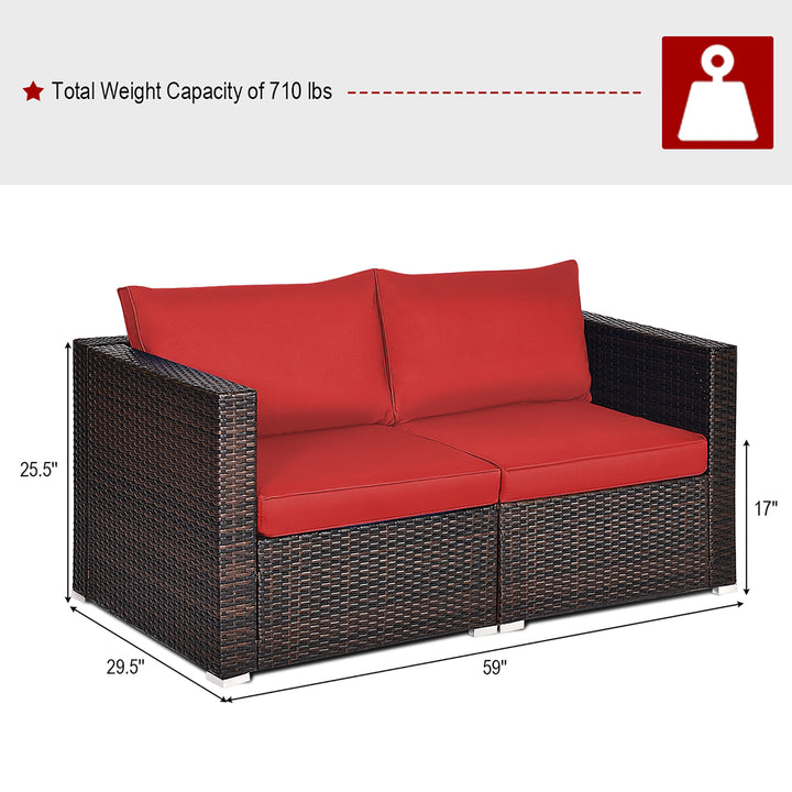 4PCS Rattan Corner Sofa Set Patio Outdoor Furniture Set w/ Red Cushions Image 3