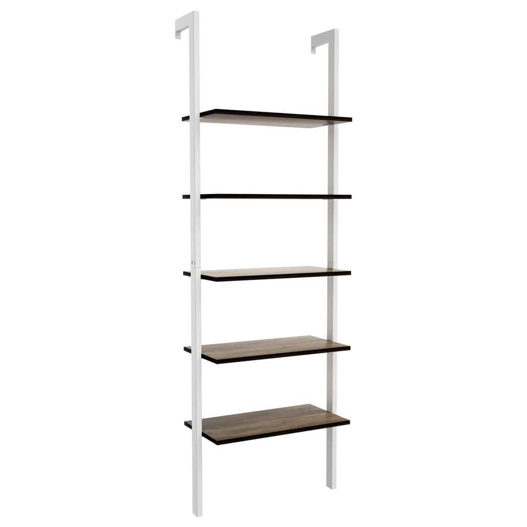 5-Tier Ladder Shelf Wood Wall Mounted Display Bookshelf Metal Frame Brown and White Image 1