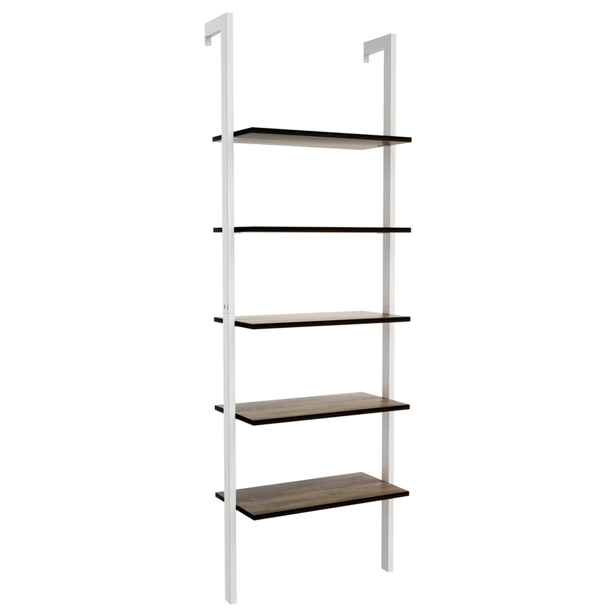 5-Tier Ladder Shelf Wood Wall Mounted Display Bookshelf Metal Frame Brown and White Image 1