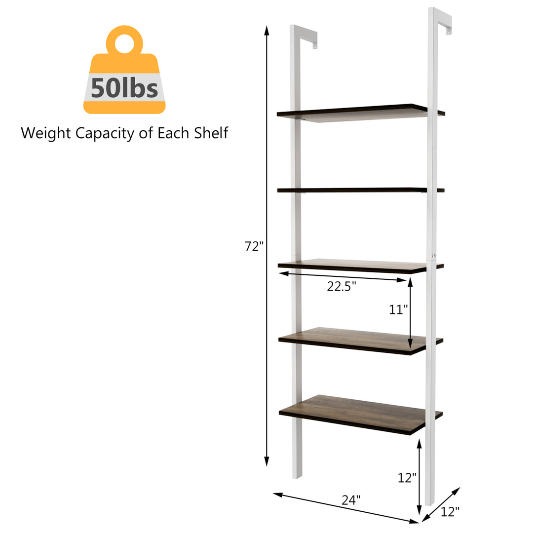 5-Tier Ladder Shelf Wood Wall Mounted Display Bookshelf Metal Frame Brown and White Image 2