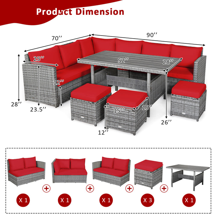 7PCS Rattan Patio Sectional Sofa Set Conversation Set w/ Red Cushions Image 5