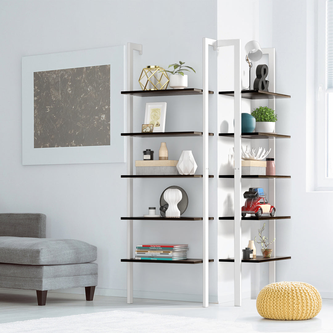 5-Tier Ladder Shelf Wood Wall Mounted Display Bookshelf Metal Frame Brown and White Image 4