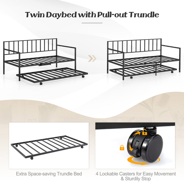 Twin Metal Daybed Sofa Bed with Trundle and Lockable Casters for Living Room Image 7