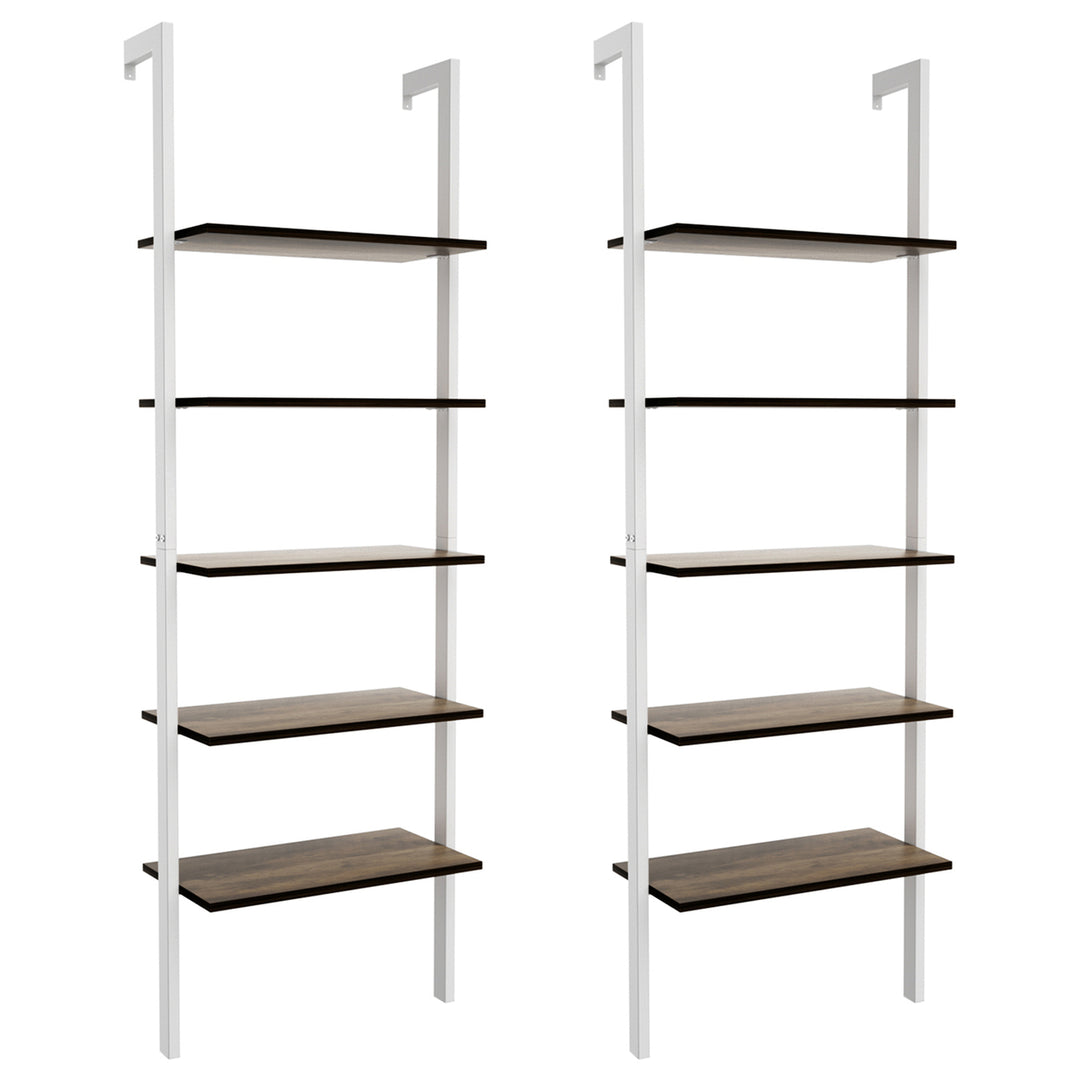 2PCS 5-Tier Ladder Shelf Wood Wall Mounted Display Bookshelf Metal Frame Image 5