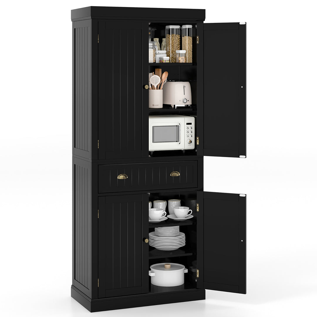 72 Kitchen Pantry Storage Cabinet Tall Freestanding Cupboard w/ 4 Doors Large Drawer Black Image 1