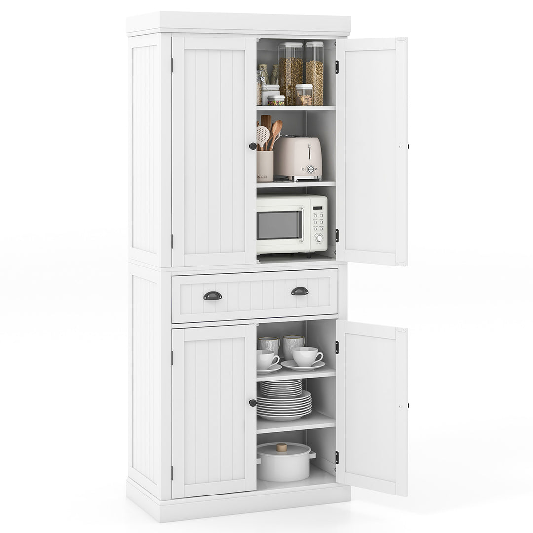 72 Kitchen Pantry Storage Cabinet Tall Freestanding Cupboard w/ 4 Doors Large Drawer White Image 1