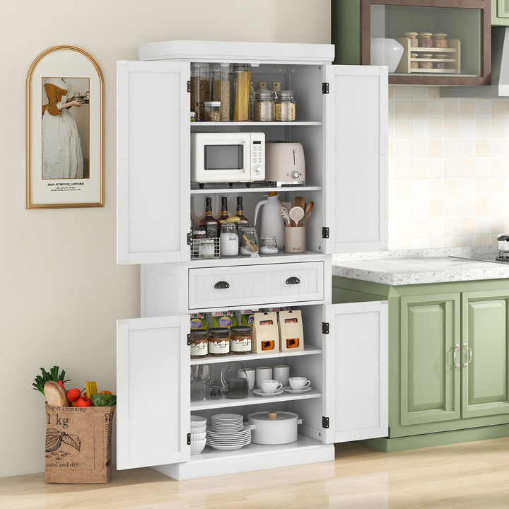 72 Kitchen Pantry Storage Cabinet Tall Freestanding Cupboard w/ 4 Doors Large Drawer White Image 2