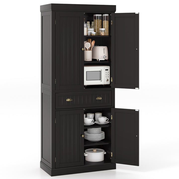 72 Kitchen Pantry Storage Cabinet Tall Freestanding Cupboard w/ 4 Doors Large Drawer Brown Image 1