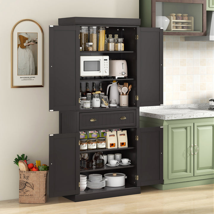 72 Kitchen Pantry Storage Cabinet Tall Freestanding Cupboard w/ 4 Doors Large Drawer Brown Image 2