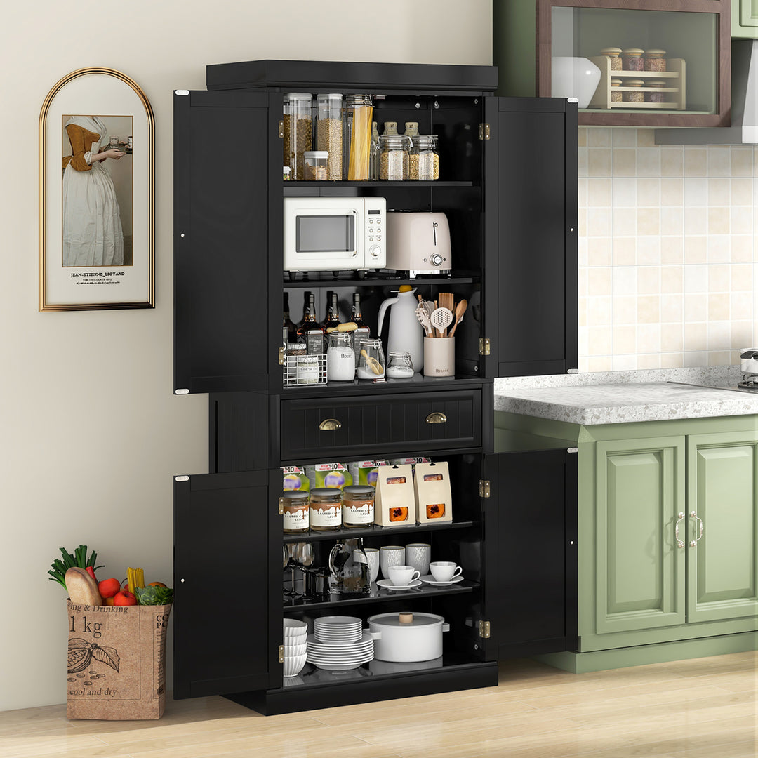 72 Kitchen Pantry Storage Cabinet Tall Freestanding Cupboard w/ 4 Doors Large Drawer Black Image 2