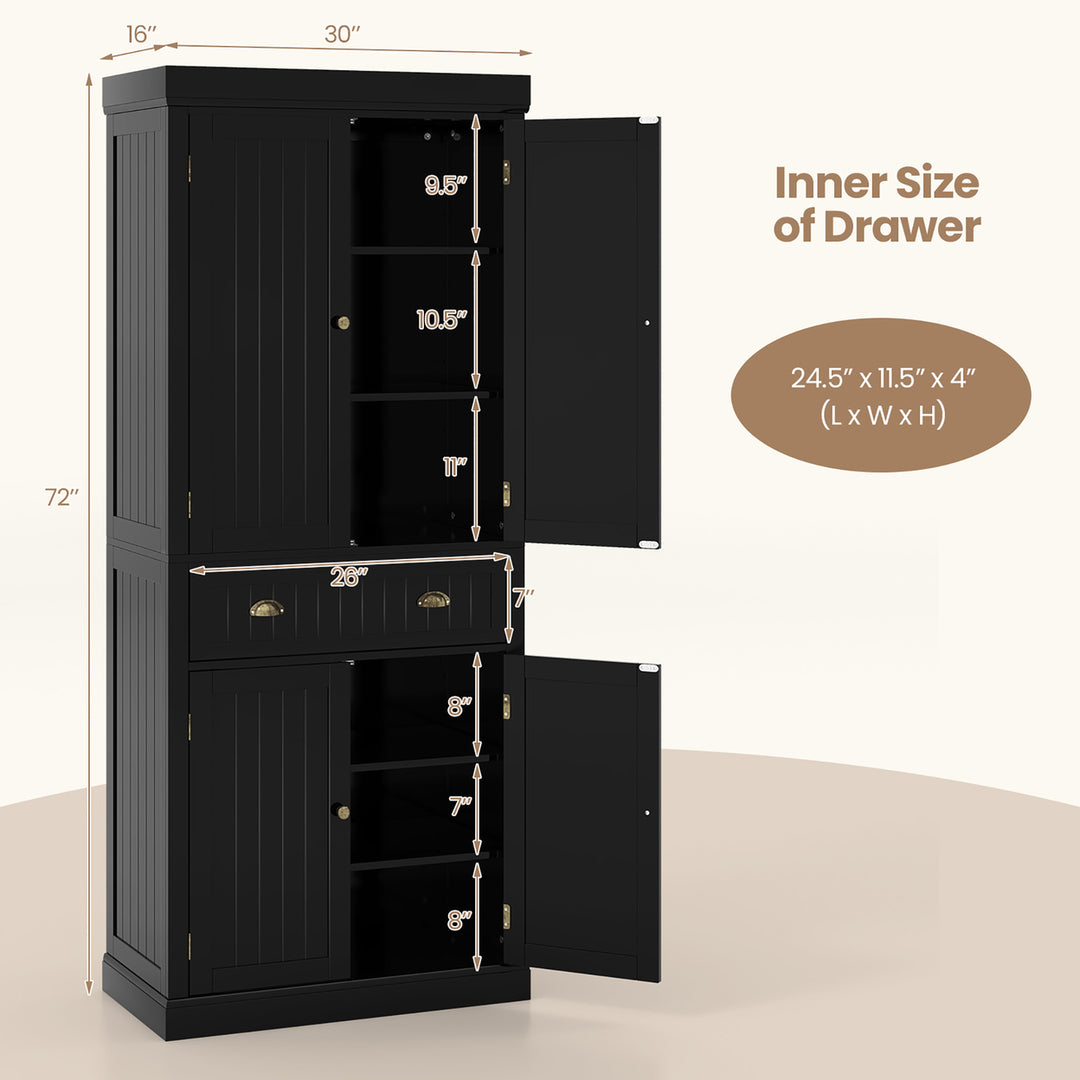 72 Kitchen Pantry Storage Cabinet Tall Freestanding Cupboard w/ 4 Doors Large Drawer Black Image 3