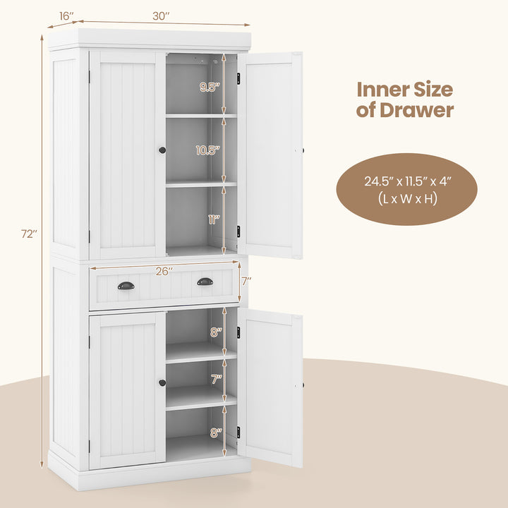 72 Kitchen Pantry Storage Cabinet Tall Freestanding Cupboard w/ 4 Doors Large Drawer White Image 3