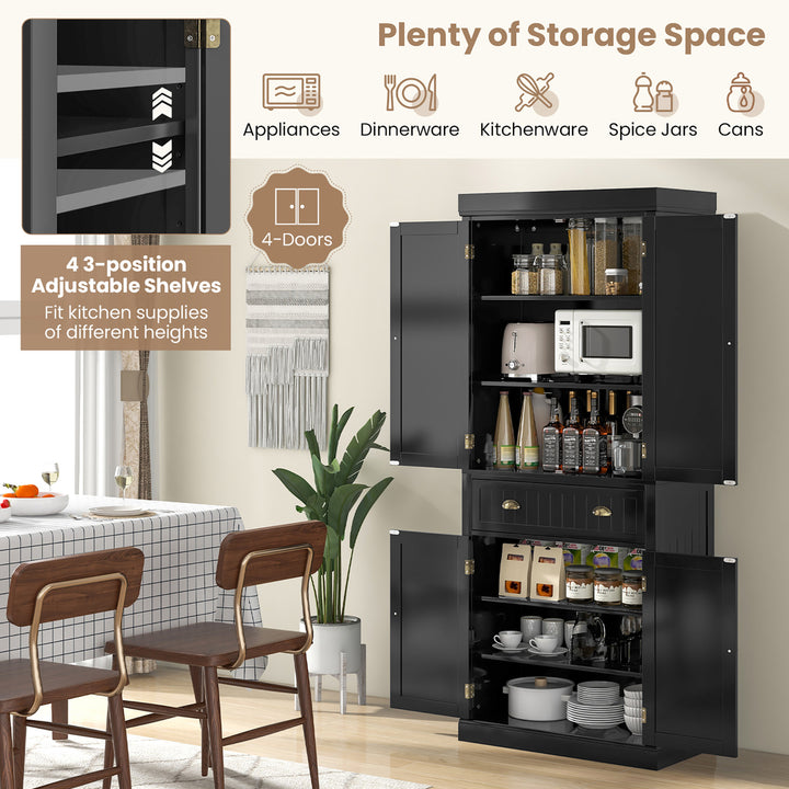 72 Kitchen Pantry Storage Cabinet Tall Freestanding Cupboard w/ 4 Doors Large Drawer Black Image 4