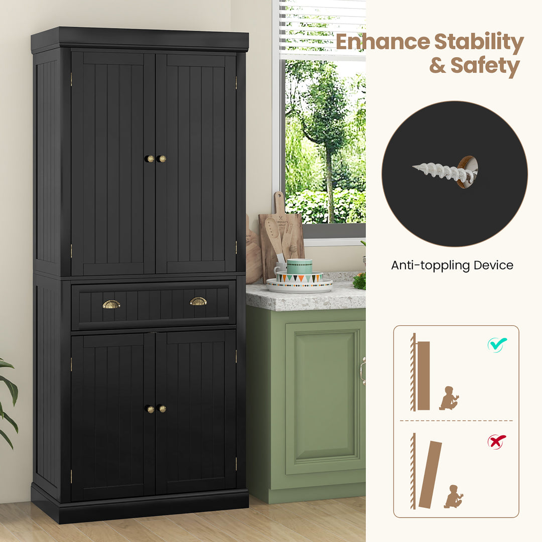 72 Kitchen Pantry Storage Cabinet Tall Freestanding Cupboard w/ 4 Doors Large Drawer Black Image 5