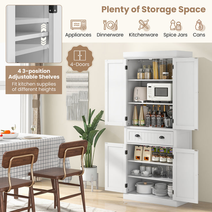 72 Kitchen Pantry Storage Cabinet Tall Freestanding Cupboard w/ 4 Doors Large Drawer White Image 5