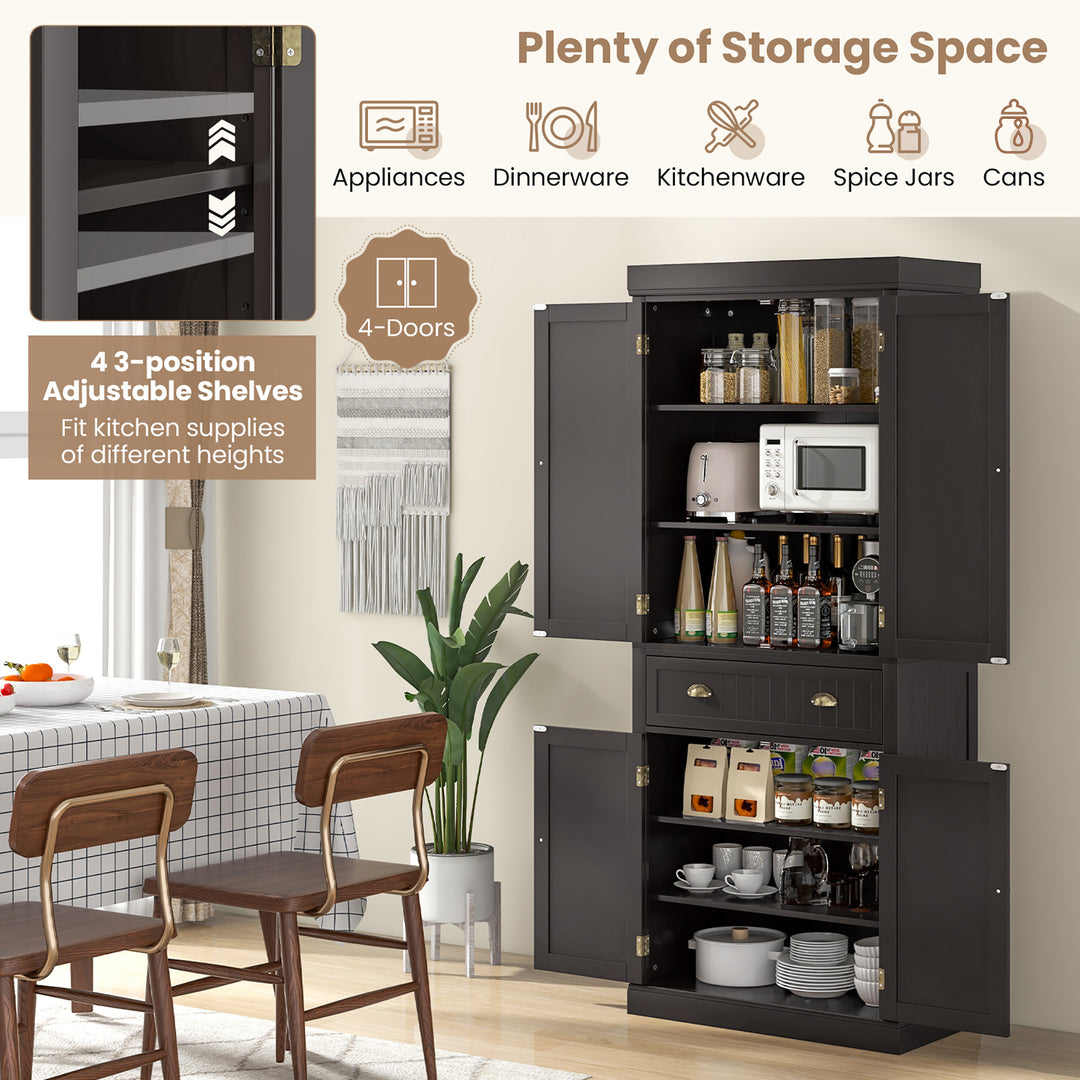 72 Kitchen Pantry Storage Cabinet Tall Freestanding Cupboard w/ 4 Doors Large Drawer Brown Image 5