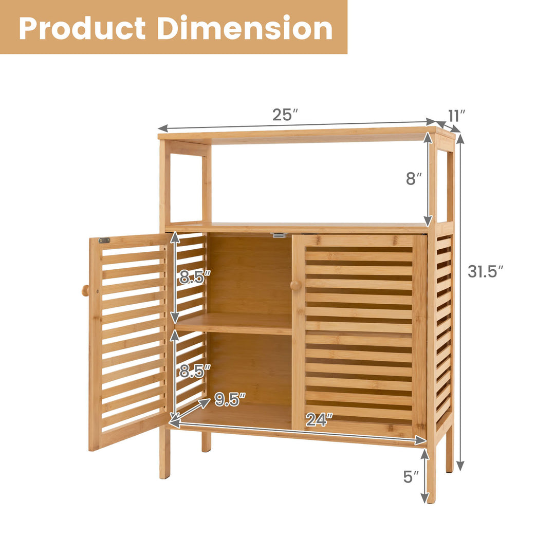 Bathroom Floor Cabinet Freestanding Bamboo Storage Organizer w/ Double Shutter Doors Image 3