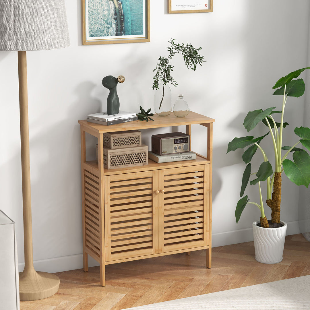 Bathroom Floor Cabinet Freestanding Bamboo Storage Organizer w/ Double Shutter Doors Image 4