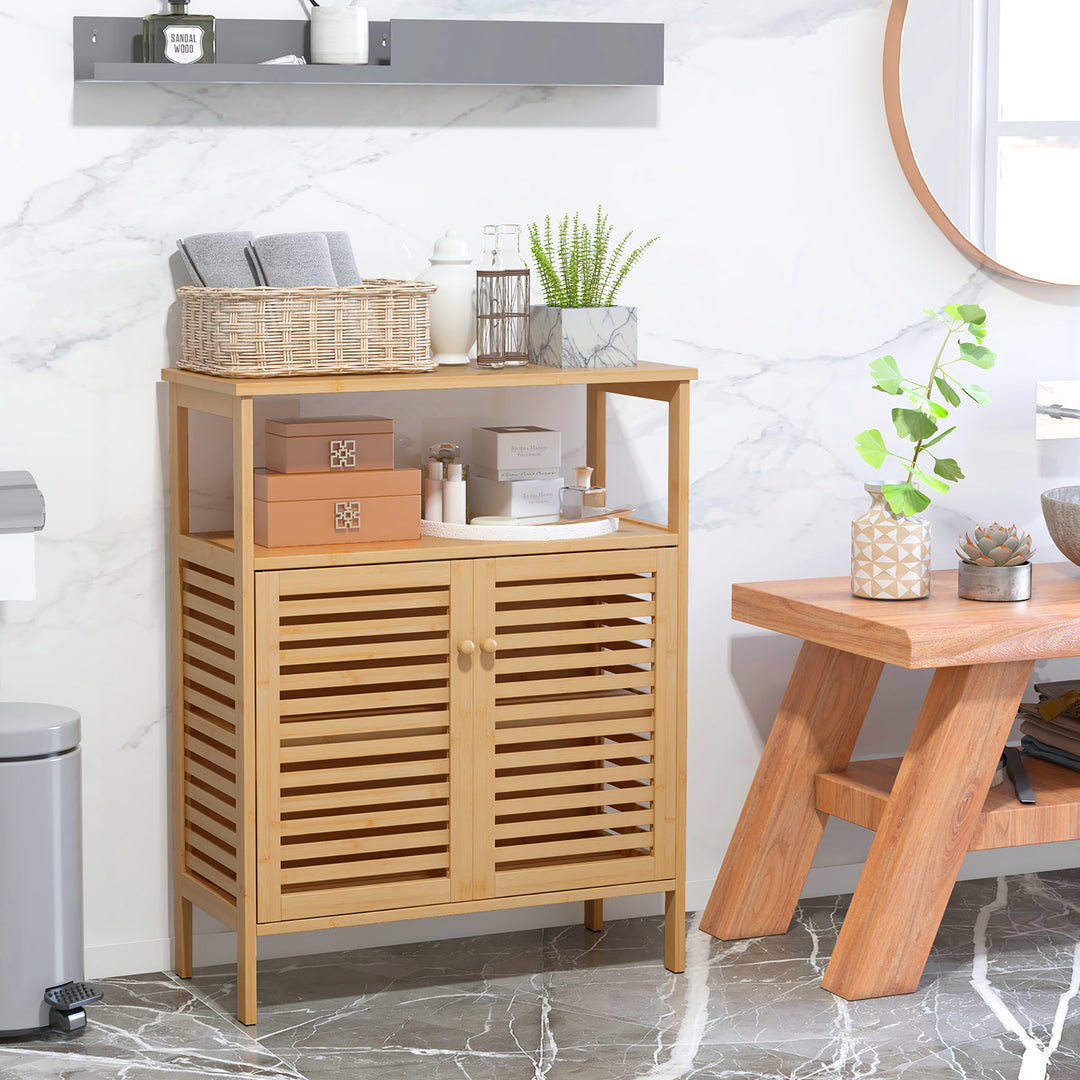 Bathroom Floor Cabinet Freestanding Bamboo Storage Organizer w/ Double Shutter Doors Image 5