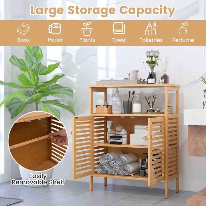 Bathroom Floor Cabinet Freestanding Bamboo Storage Organizer w/ Double Shutter Doors Image 6