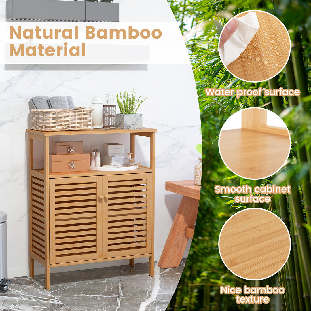 Bathroom Floor Cabinet Freestanding Bamboo Storage Organizer w/ Double Shutter Doors Image 7