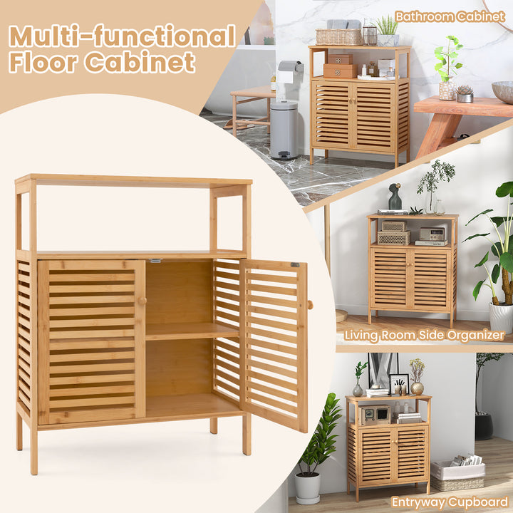 Bathroom Floor Cabinet Freestanding Bamboo Storage Organizer w/ Double Shutter Doors Image 8