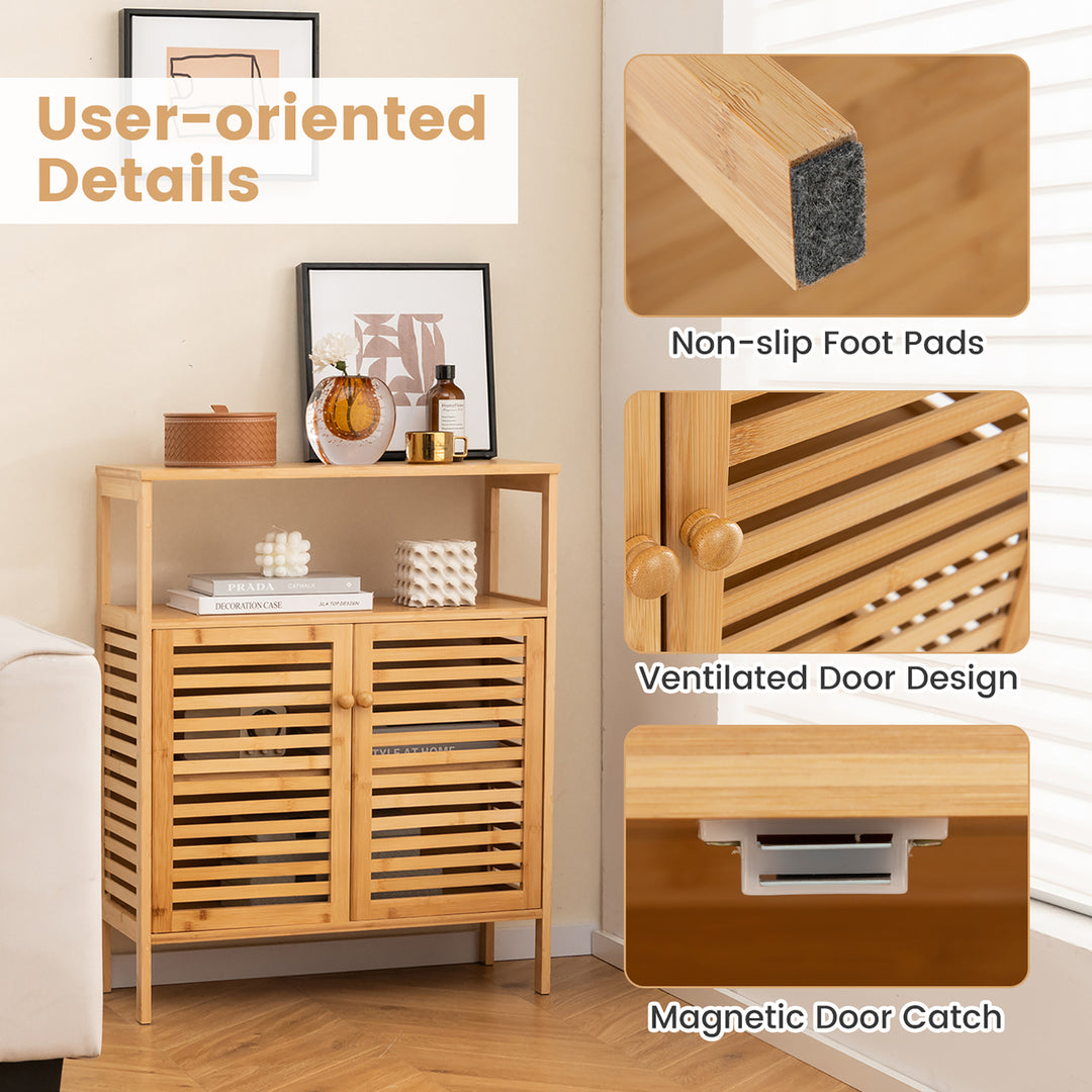 Bathroom Floor Cabinet Freestanding Bamboo Storage Organizer w/ Double Shutter Doors Image 9