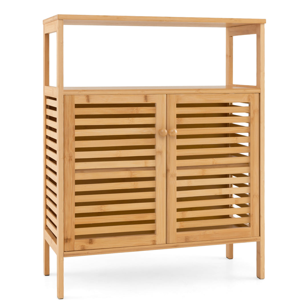 Bathroom Floor Cabinet Freestanding Bamboo Storage Organizer w/ Double Shutter Doors Image 10