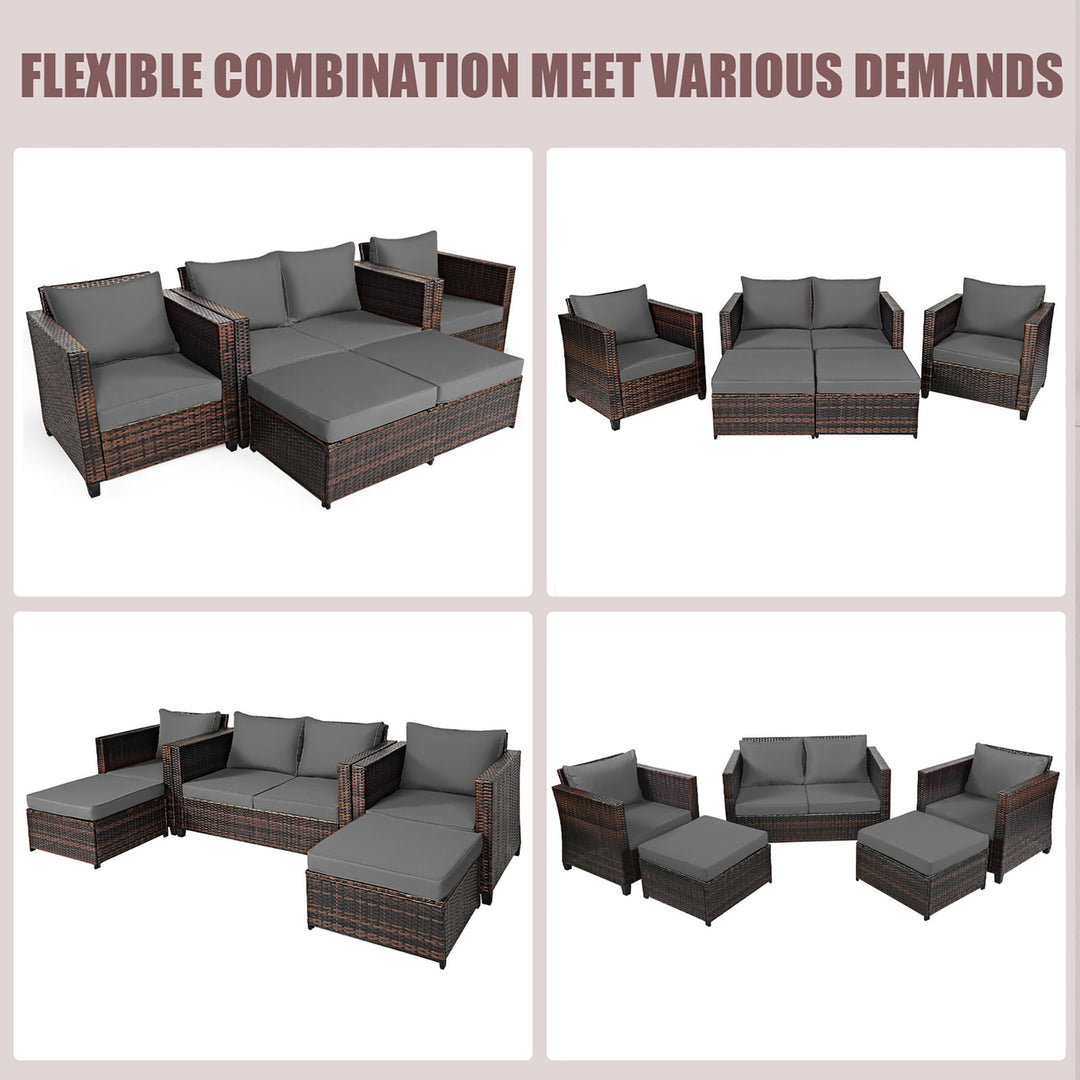 5PCS Outdoor Patio Rattan Conversation Sofa Furniture Set w/ Grey Cushions Image 6