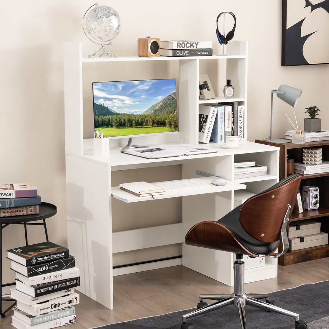 Computer Desk w/ Built-in Charge Station Wooden Writing Desk w/ Storage Hutch Image 2