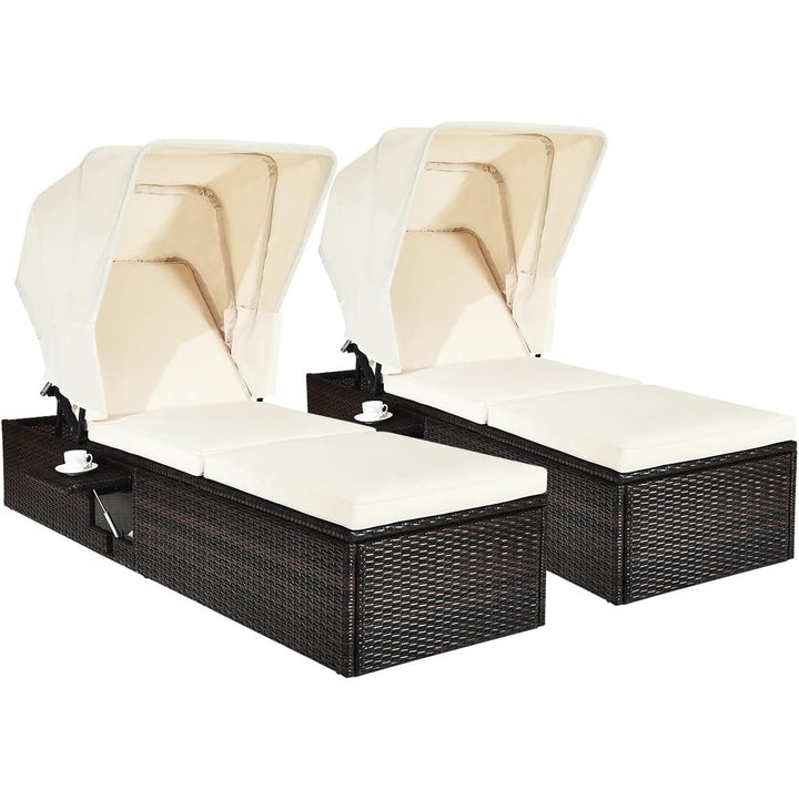 2pcs Rattan Lounge Cushioned Chair W/Adjustable Canopy Patio Image 2