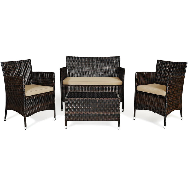 4 PCS Patio Garden Rattan Furniture Set Coffee Table Cushioned Sofa Brown Image 2