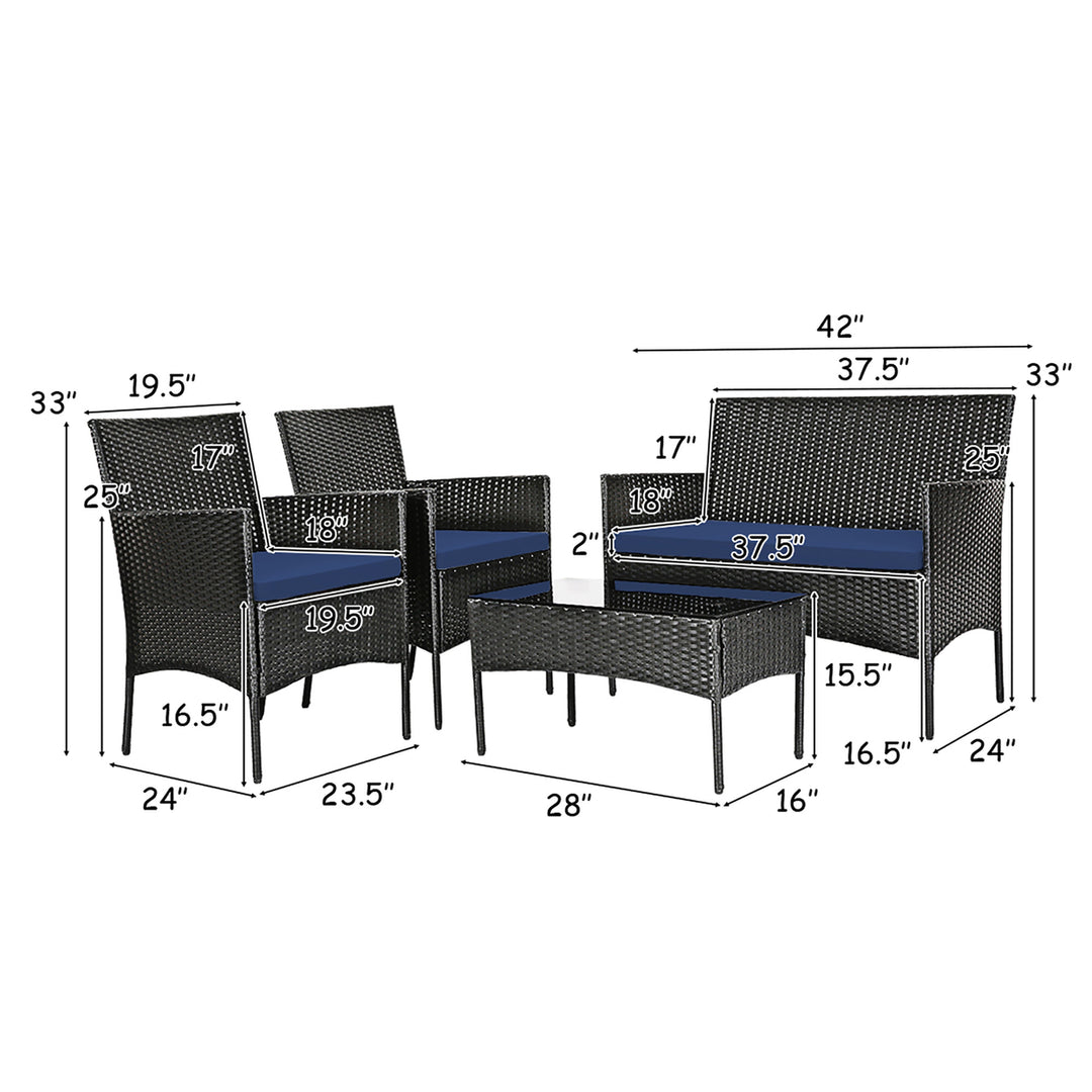 8PCS Outdoor Furniture Set Patio Rattan Conversation Set w/ Navy and Off White Cushion Image 2