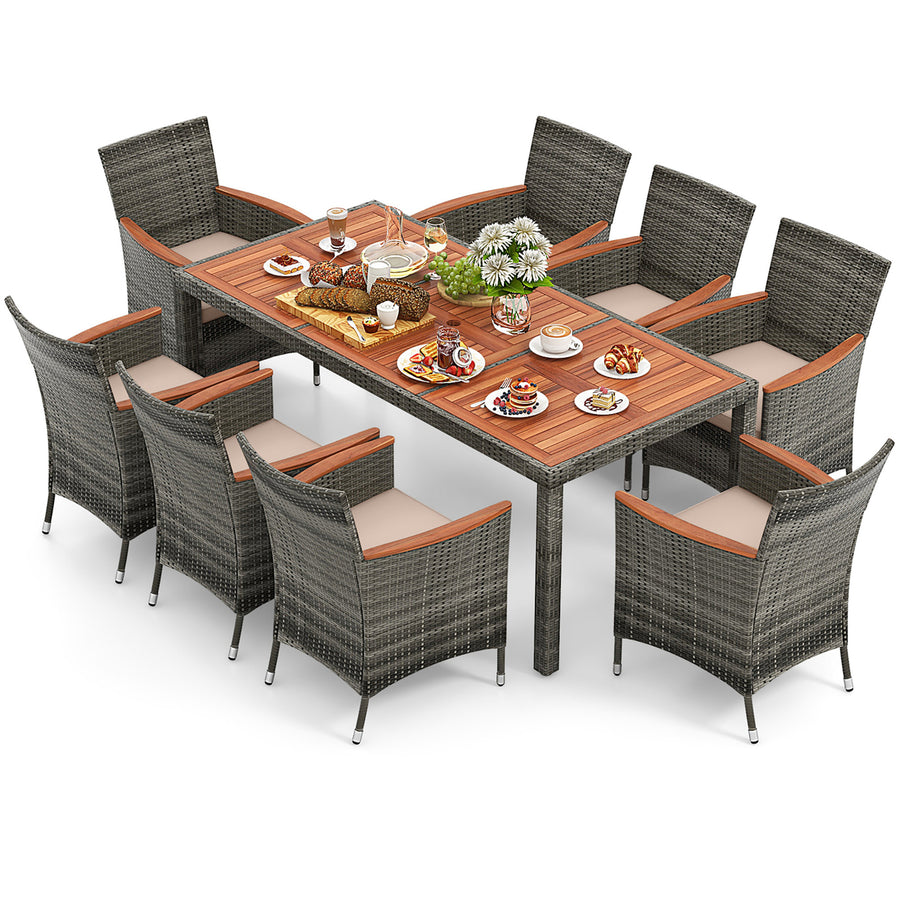 9 PCS Wicker Dining Set Patio Dining Furniture Set w/ Acacia Wood Table and 8 Armchairs Image 1