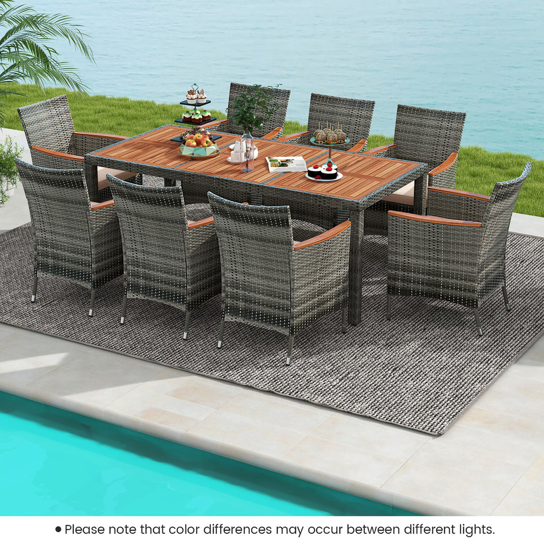 9 PCS Wicker Dining Set Patio Dining Furniture Set w/ Acacia Wood Table and 8 Armchairs Image 2