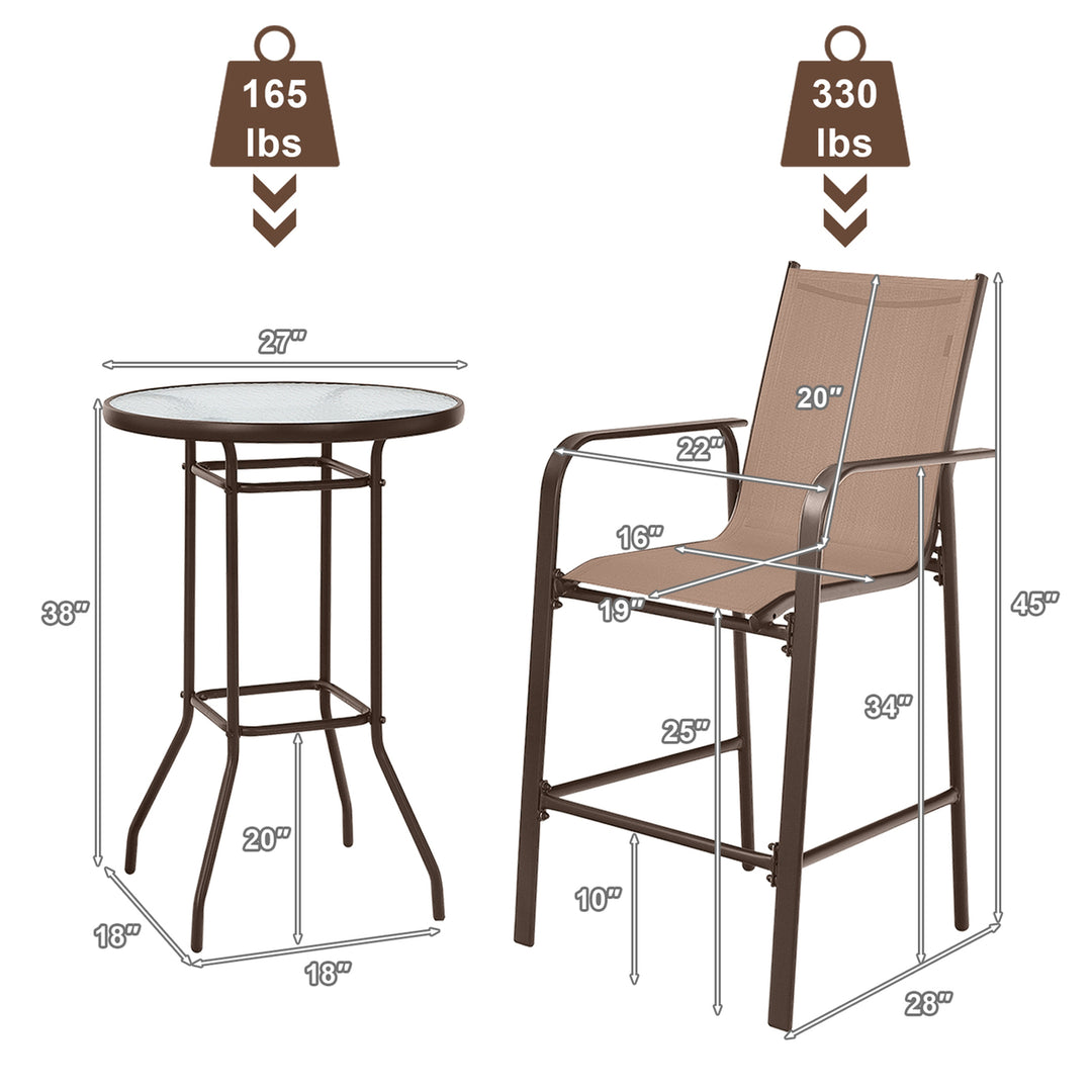 3PCS Patio Bar Set Outdoor Bistro Set w/ 2 Stools and 1 Tempered Glass Table Brown Image 2