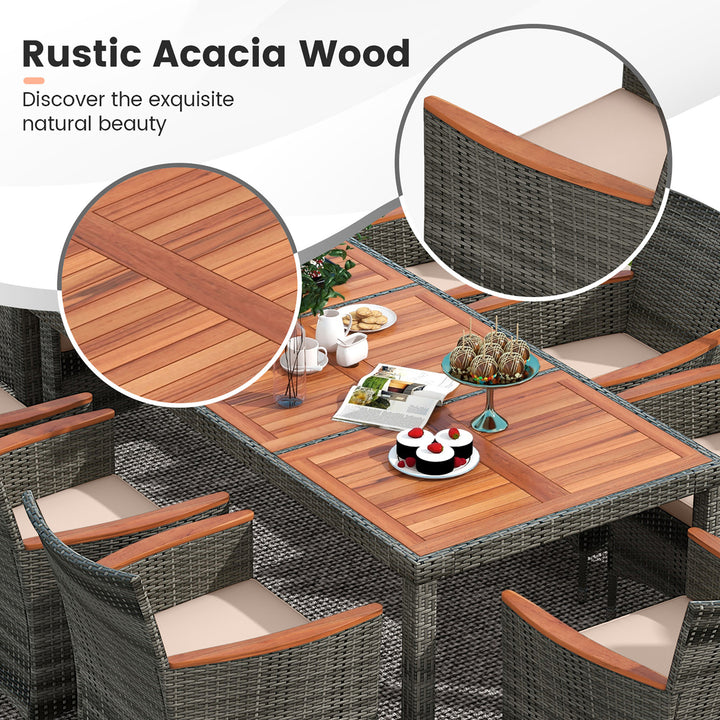 9 PCS Wicker Dining Set Patio Dining Furniture Set w/ Acacia Wood Table and 8 Armchairs Image 7