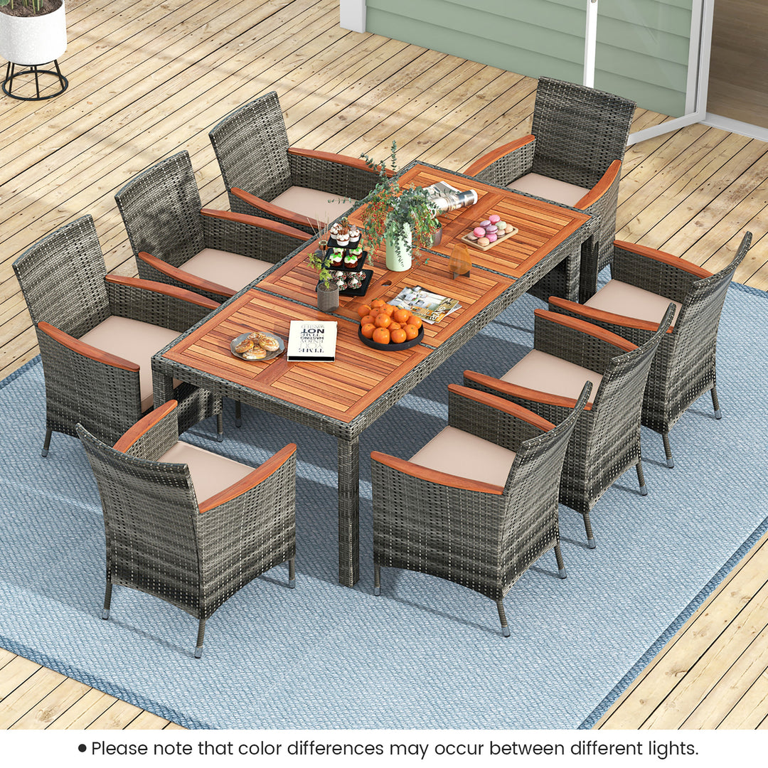 9 PCS Wicker Dining Set Patio Dining Furniture Set w/ Acacia Wood Table and 8 Armchairs Image 9