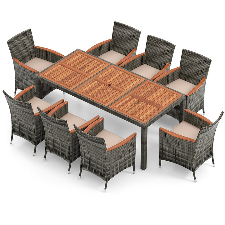 9 PCS Wicker Dining Set Patio Dining Furniture Set w/ Acacia Wood Table and 8 Armchairs Image 10