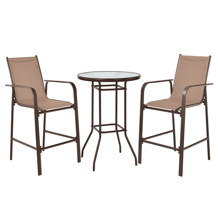 3PCS Patio Bar Set Outdoor Bistro Set w/ 2 Stools and 1 Tempered Glass Table Brown Image 9