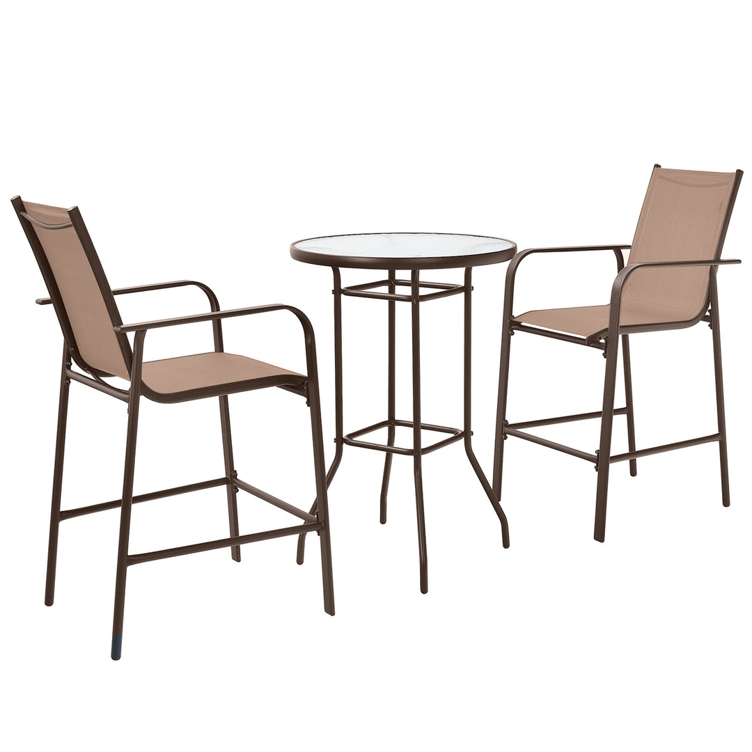 3PCS Patio Bar Set Outdoor Bistro Set w/ 2 Stools and 1 Tempered Glass Table Brown Image 10