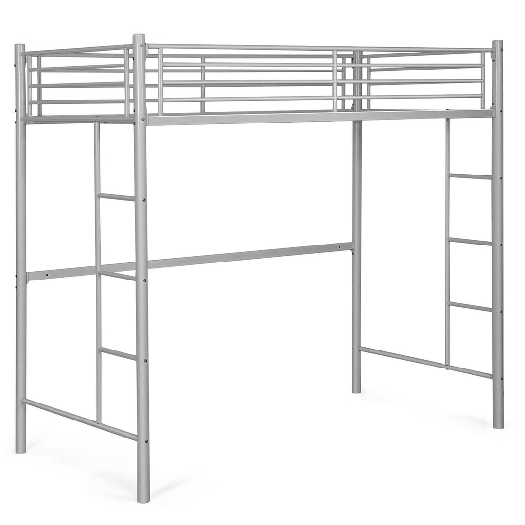 Twin Metal Loft Bed Frame w/ 2 Ladders Full-length Guardrail Space-Saving Image 1