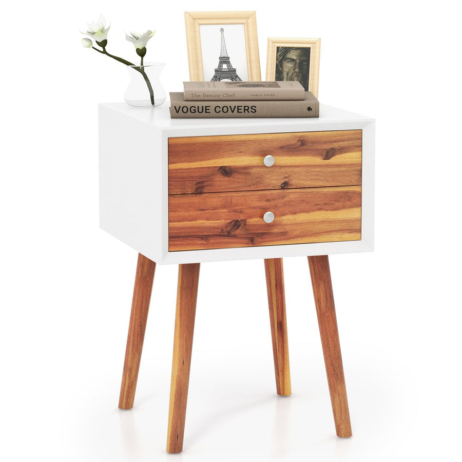 Wooden Nightstand Mid-Century End Side Table Bedroom W/2 Storage Drawers Brown Image 1