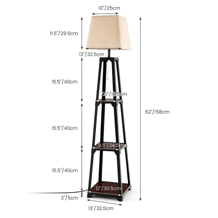 Trapezoidal Floor Lamp Tier Storage Lamp with Linen Shade for Bedroom Study Image 3