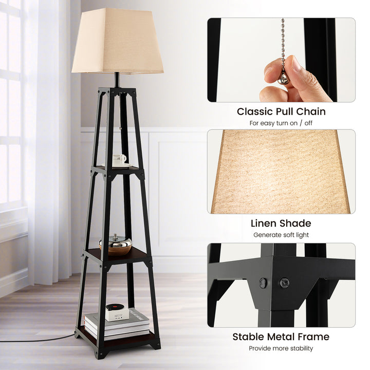 Trapezoidal Floor Lamp Tier Storage Lamp with Linen Shade for Bedroom Study Image 7