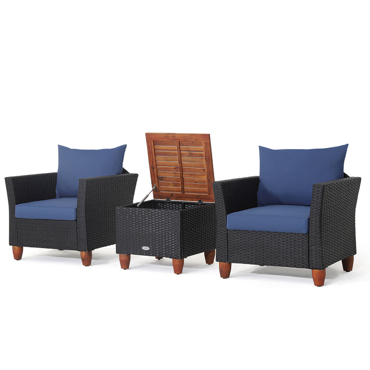 3PCS Patio Rattan Conversation Furniture Set Yard Outdoor w/ Navy Cushions Image 2