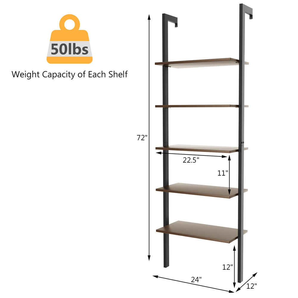 5-Tier Ladder Shelf Wood Wall Mounted Bookshelf W/Metal Frame Display Shelf Image 2